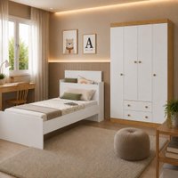 Jogo de Quarto Cama com Colchão e Guarda-roupa 4 Portas 2 Gavetas Lira Multimóveis MP4839 Branco/Madeirado/Branco