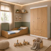 Jogo de Quarto Infantil com Minicama Montessoriana e Guarda-roupa Encanto Multimóveis MP4840 Branco/Madeirado