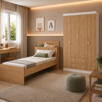 Jogo de Quarto Cama com Colchão Incluso e Guarda-roupa 4 Portas 2 Gavetas Lira Multimóveis MP4839 Branco/Madeirado