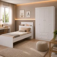 Jogo de Quarto Cama com Colchão Incluso e Guarda-roupa 4 Portas 2 Gavetas Lira Multimóveis MP4839 Branco