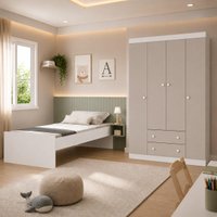 Jogo de Quarto com Cama Solteiro e Guarda-roupa 4 Portas 2 Gavetas Lira Multimóveis MP4836 Branco/Off White