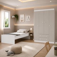 Jogo de Quarto Cama com Colchão Incluso e Guarda-roupa 4 Portas 2 Gavetas Lira Multimóveis MP4837 Branco/Off White