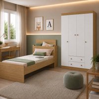 Jogo de Quarto com Cama Solteiro e Guarda-roupa 4 Portas 2 Gavetas Lira Multimóveis MP4838 Madeirado/Branco