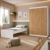 Jogo de Quarto com Cama Solteiro e Guarda-roupa 4 Portas 2 Gavetas Lira Multimóveis MP4836 Branco/Madeirado