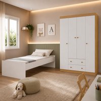 Jogo de Quarto com Cama Solteiro e Guarda-roupa 4 Portas 2 Gavetas Lira Multimóveis MP4836 Madeirado/Branco
