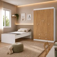 Jogo de Quarto Cama com Colchão Incluso e Guarda-roupa 4 Portas 2 Gavetas Lira Multimóveis MP4837 Branco/Madeirado