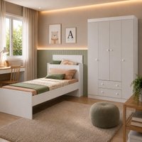 Jogo de Quarto com Cama Solteiro e Guarda-roupa 4 Portas 2 Gavetas Lira Multimóveis MP4838 Branco/Off White
