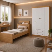 Jogo de Quarto Cama com Colchão Incluso e Guarda-roupa 4 Portas 2 Gavetas Lira Multimóveis MP4839 Madeirado/Branco
