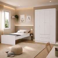 Jogo de Quarto Cama com Colchão Incluso e Guarda-roupa 4 Portas 2 Gavetas Lira Multimóveis MP4837