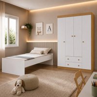 Jogo de Quarto Cama com Colchão Incluso e Guarda-roupa 4 Portas 2 Gavetas Lira Multimóveis MP4837 Madeirado/Branco