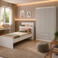 Jogo de Quarto Cama com Colchão Incluso e Guarda-roupa 4 Portas 2 Gavetas Lira Multimóveis MP4839 Branco/Off White