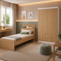 Jogo de Quarto com Cama Solteiro e Guarda-roupa 4 Portas 2 Gavetas Lira Multimóveis MP4838 Branco/Madeirado