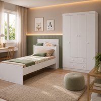 Jogo de Quarto com Cama Solteiro e Guarda-roupa 4 Portas 2 Gavetas Lira Multimóveis MP4838 Branco