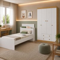 Jogo de Quarto com Cama Solteiro e Guarda-roupa 4 Portas 2 Gavetas Lira Multimóveis MP4838 Branco/Madeirado/Branco