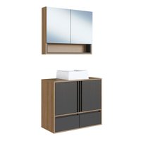 Gabinete de Banheiro Suspenso 80cm com Espelheira Lara com Cuba Mel Grafite