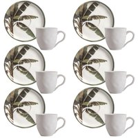 Jogo 6 Xícaras Café 120ml com Pires Bio Bananê Porto Brasil Cerâmica Branca com Folhagens