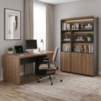 Mesa Escritorio 4 Gavetas 180X80 cm E Estante Com LED 3 Portas 193X136 cm Nogal Preto Artany