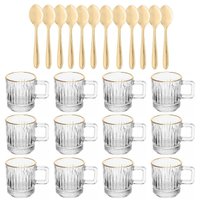 Jogo 24 Pçs Xícaras Vidro 90ml e Colheres Inox Dourado Lyor Café Recepção Atendimento Escritório