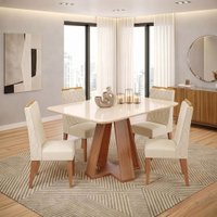 Conjunto Sala de Jantar Mesa Tampo em Vidro 1,20m Maria 4 Cadeiras Bel - Madeirado / Creme