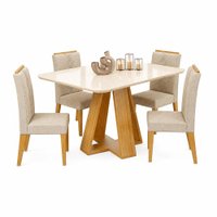 Conjunto Sala de Jantar Mesa Tampo em Vidro 1,20m Maria 4 Cadeiras Tati - Cedro / Creme