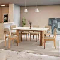 Conjunto Sala de Jantar Dora em Madeira Maciça com 6 Cadeiras Boucle Bege