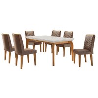 Conjunto de Mesa de Jantar Retangular com Tampo de Vidro Off White e 6 Cadeiras Turquesa Veludo Marrom e Imbuia