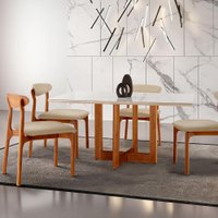 Conjunto de Mesa de Jantar Retangular com Tampo de Vidro Off White Talia e 4 Cadeiras Italia Linho Bege e Imbuia
