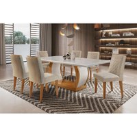 Conjunto de Mesa de Jantar com Tampo Off White e 6 Cadeiras Maia Linho Bege e Imbuia
