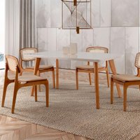 Conjunto de Mesa de Jantar Retangular com Tampo de Vidro Off White Prada e 4 Cadeiras Prada Premium Linho Palha e Imbuia