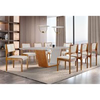 Conjunto de Mesa de Jantar com Tampo de Vidro Off White Luna e 8 Cadeiras Palazzo Linho Bege e Imbuia