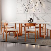 Conjunto de Mesa de Jantar Retangular com Tampo de Vidro Off White Talia e 6 Cadeiras Italia Linho Bege e Imbuia