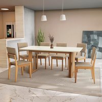 Conjunto Sala de Jantar Dora em Madeira Maciça com 6 Cadeiras Linho Fendi