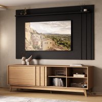 Conjunto Rack Cedro e Painel Parede Preto Touch Ventura Carraro