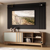Conjunto Rack Cedro Sálvia e Painel Parede Preto Touch Ventura Carraro