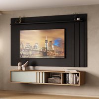 Conjunto Rack Cedro Sálvia e Painel Parede Preto Touch Linea Carraro