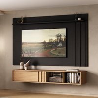Conjunto Rack Cedro e Painel Parede Preto Touch Linea Carraro
