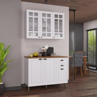 Armário de Cozinha Modulada Compacta Fidelitá Nara 100% MDF 2 Peças 120cm 6 Portas 2 Gavetas Com Tampo Branco