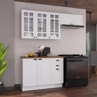 Armário de Cozinha Modulada Compacta Fidelitá Nara 100% MDF 3 Peças 200cm 8 Portas 2 Gavetas Com Tampo e Rodapé Branco
