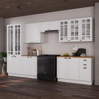 Armário de Cozinha Modulada Completa Fidelitá Nara 100% MDF 6 Peças 360cm 16 Portas 2 Gavetas Com Tampo e Rodapé Branco