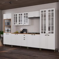 Armário de Cozinha Modulada Completa Fidelitá Nara 100% MDF 6 Peças 350cm 18 Portas 2 Gavetas Com Tampo Branco