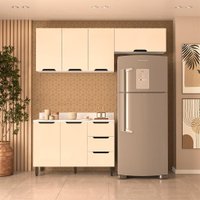 Cozinha Completa com Tampo Meena 6 Portas 3 Gavetas Creme e Branca