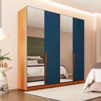 Guarda-Roupa Casal com Espelho Porto 4 Portas 4 Gavetas Freijó e Azul