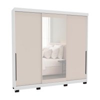 Guarda-Roupa Casal com Espelho Madrid 3 Portas 2 Gavetas Branco e Creme
