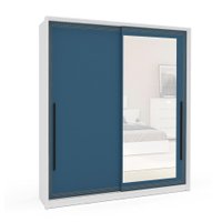 Guarda-Roupa Casal com Espelho Valência 2 Portas 2 Gavetas Branco e Azul