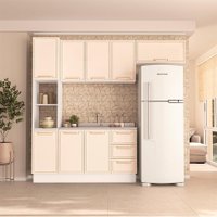 Cozinha Compacta Sem Tampo com Rodapé Amara 8 Portas 3 Gavetas Creme e Branca
