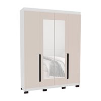 Guarda-Roupa Solteiro com Espelho Madrid 4 Portas 4 Gavetas Branco e Creme