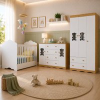 Quarto Bebê Completo Berço 3 em 1/Guarda-Roupa 3 Portas/Cômoda 4 Gavetas Vicente Multimóveis MP4845 Madeirado/Branco