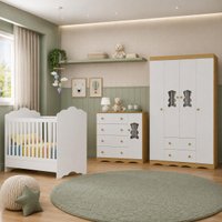 Quarto Bebê Completo Berço 3 em 1/Guarda-Roupa 4 Portas/Cômoda 4 Gavetas Vicente Multimóveis MP4844 Madeirado/Branco