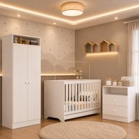 Quarto de Bebê Completo Berço 3 em 1 com Colchão/Guarda-roupa e Cômoda Encanto Multimóveis MP4846 Branco