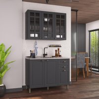 Armário de Cozinha Modulada Compacta Fidelitá Nara 100% MDF 2 Peças 120cm 6 Portas 2 Gavetas Sem Tampo Chumbo